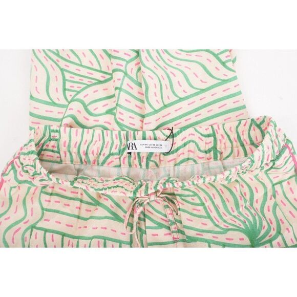 Zara Womens Pajama Pants Linen Blend XS Ecru Pink Green Printed 7972/617 NWT - Picture 6 of 8